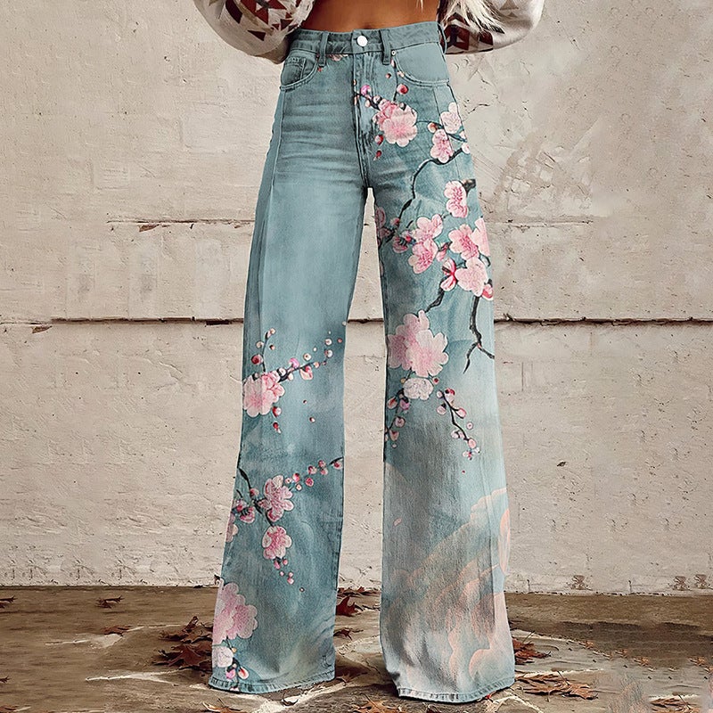Independent Station 2024 Explosions Ladies Wide Leg Pants New 3D Thermal Transfer Bell Pants Simulation Denim Pants - Image 3